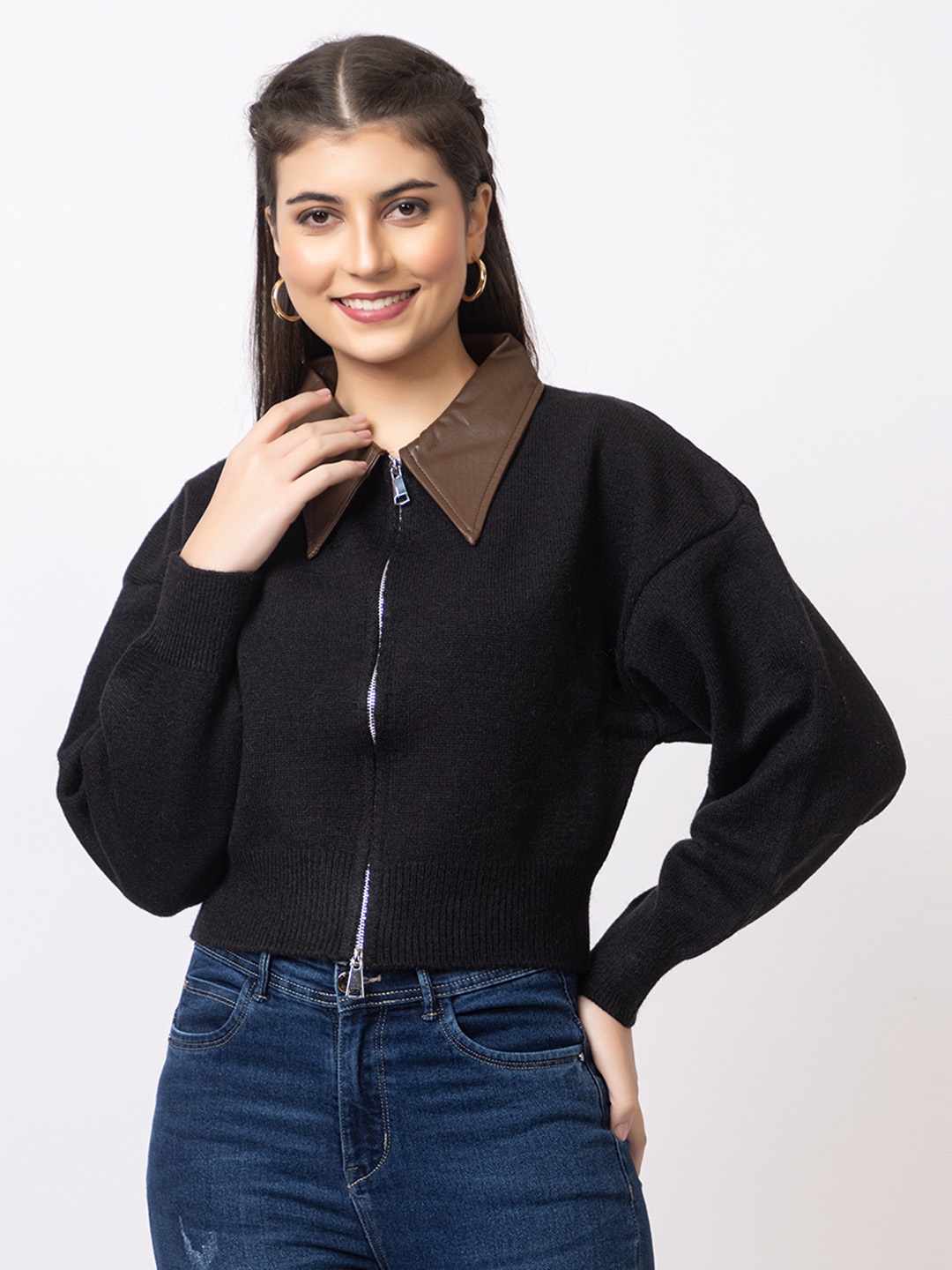 

GFO Women Solid Woollen Front Open Sweater, Black