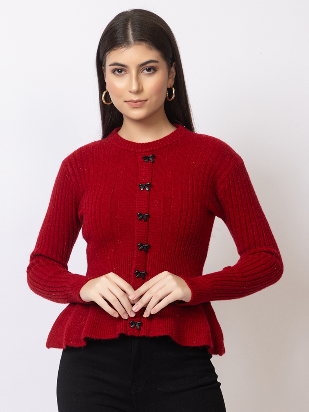 

GFO Women Self Design Embellished Woollen Sweater, Red