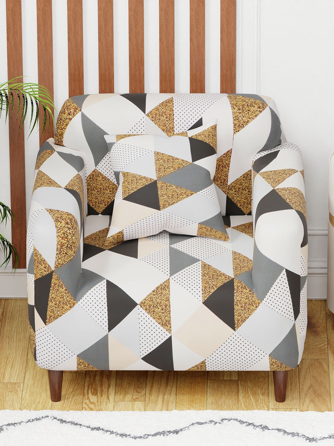 

Aura White & Brown Printed Sofa Cover With Arms