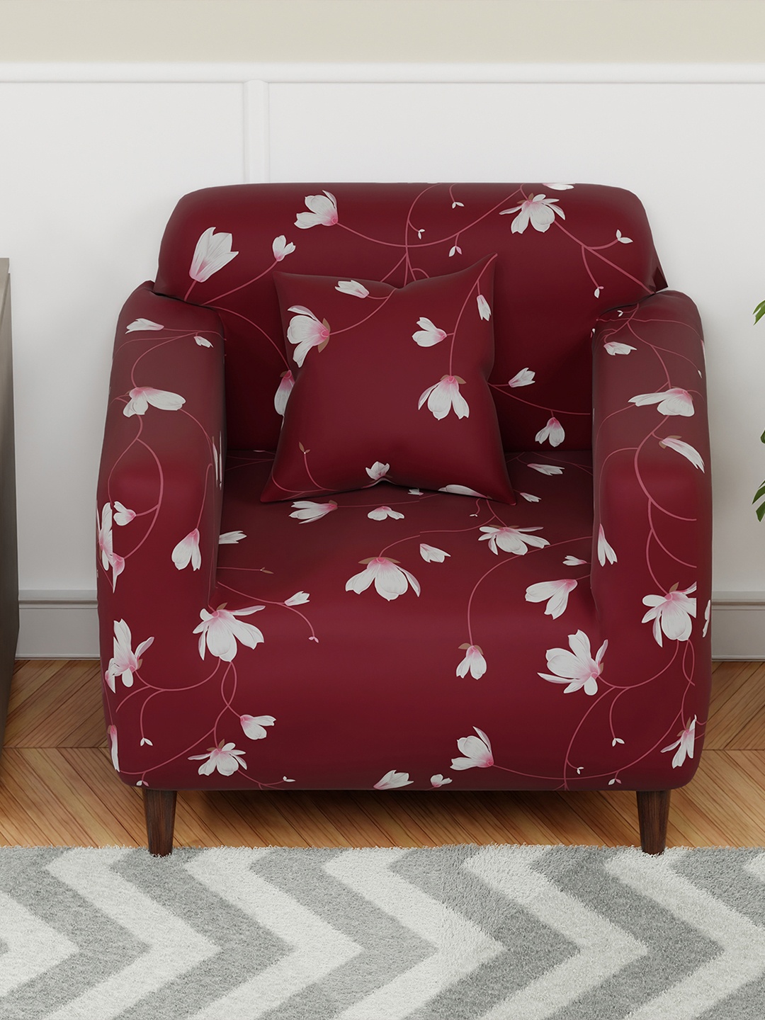 

Aura Maroon & White Printed Elasticated Sofa Cover With Arms