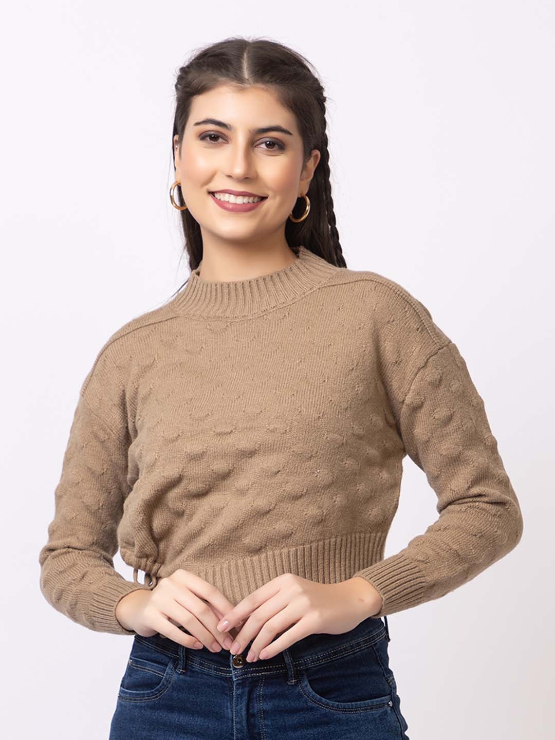 

GFO Women Solid Round Neck Sweaters, Brown