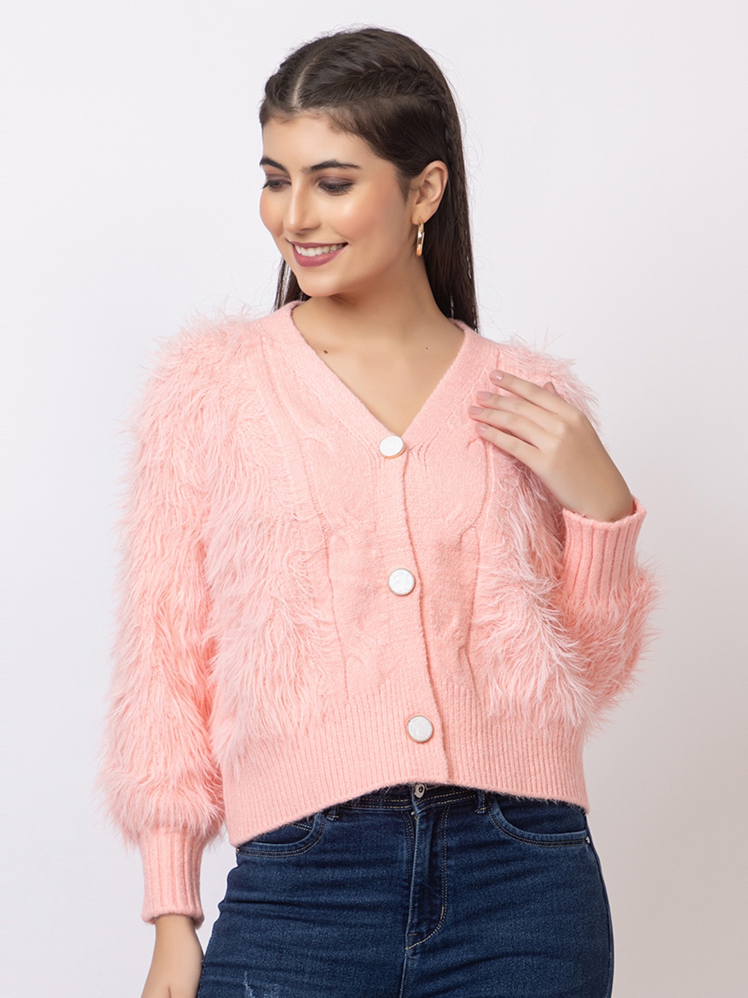 

GFO Women Self Design Faux Fur Woollen Front Open Sweater, Peach