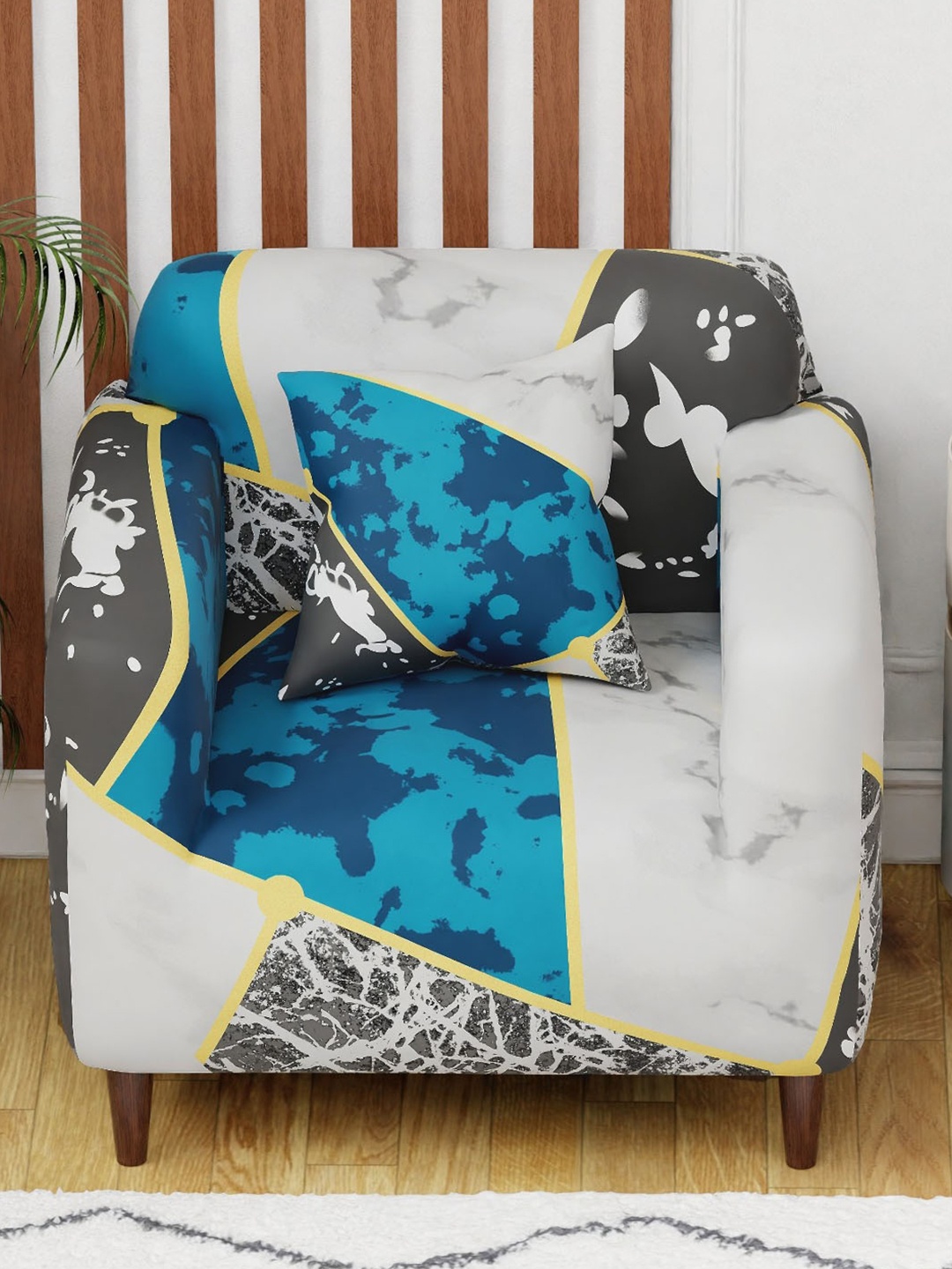 

Aura White & Blue Printed Sofa Cover With Arms