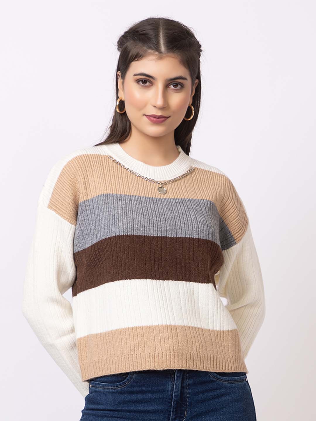 

GFO Women Colourblocked Round Neck Sweaters, White