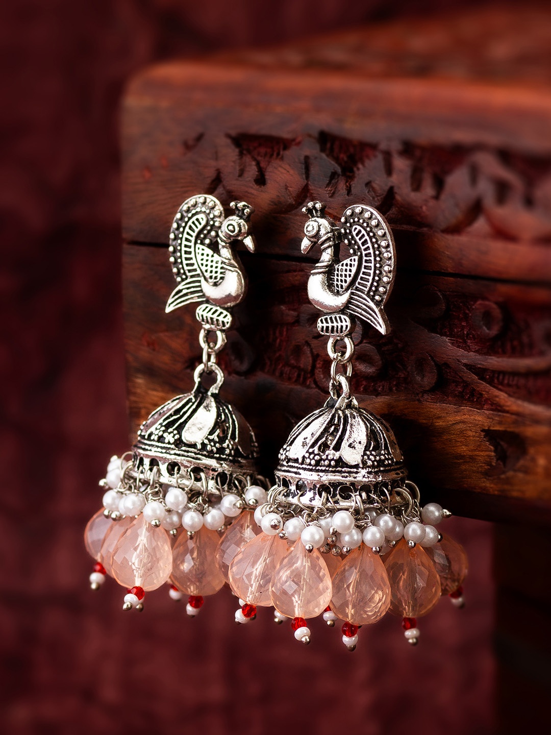 

aadita Dome Shaped Kundan Studded & Beaded Jhumkas, Silver
