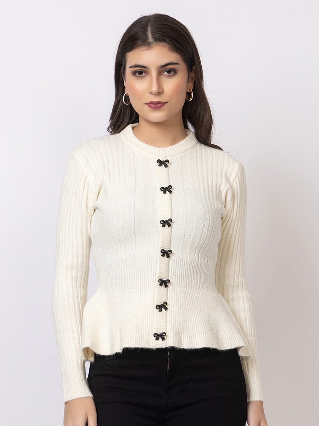 

GFO Women Self Design Embellished Woollen Sweater, White