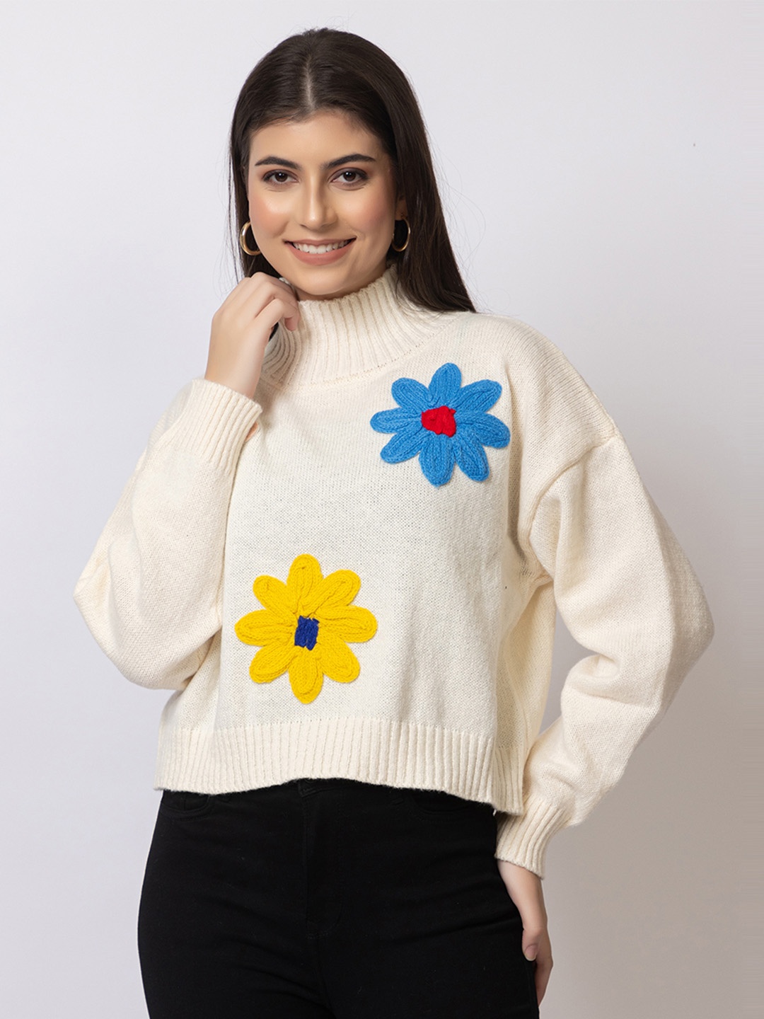 

GFO Women Applique Floral Woollen Sweater, Cream