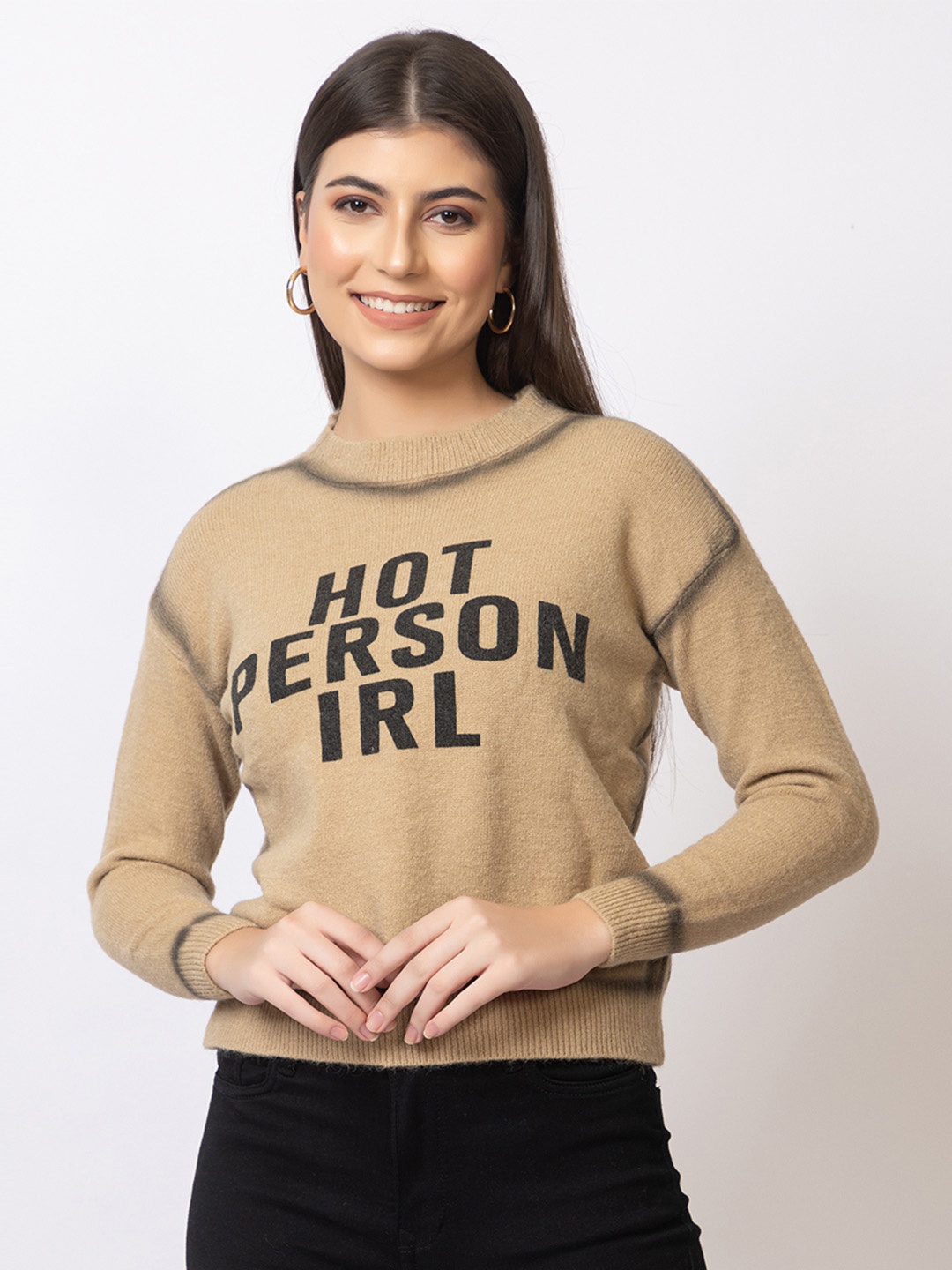 

GFO Women Typography Printed Woollen Sweater, Beige