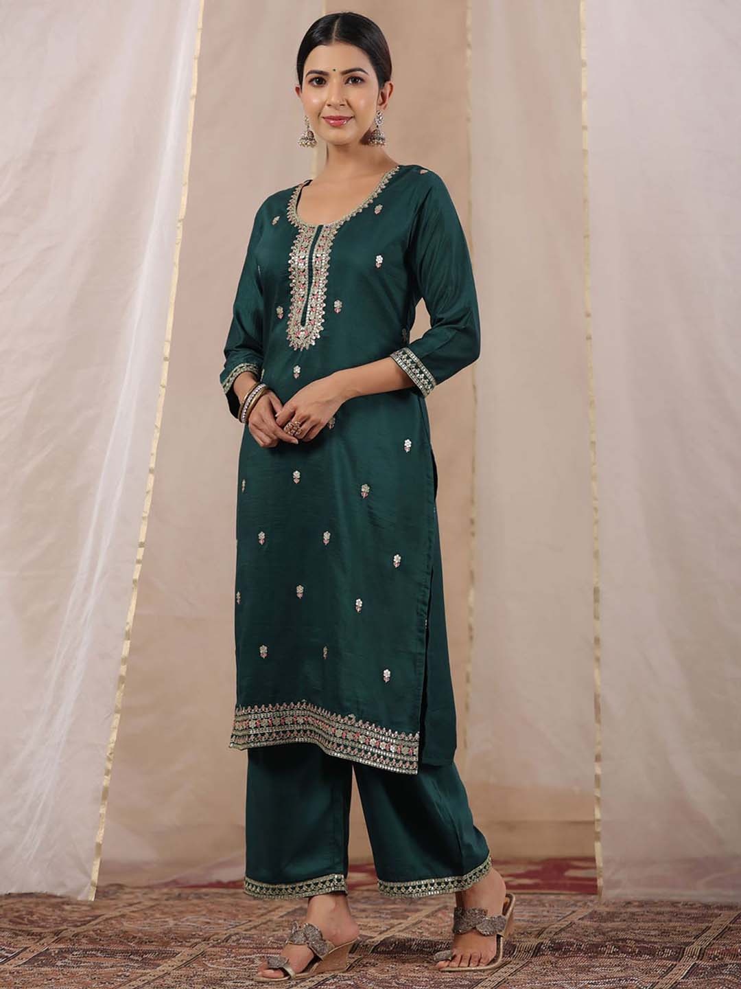 

RARE THREAD Women Floral Embroidered Regular Kurta with Palazzos, Green