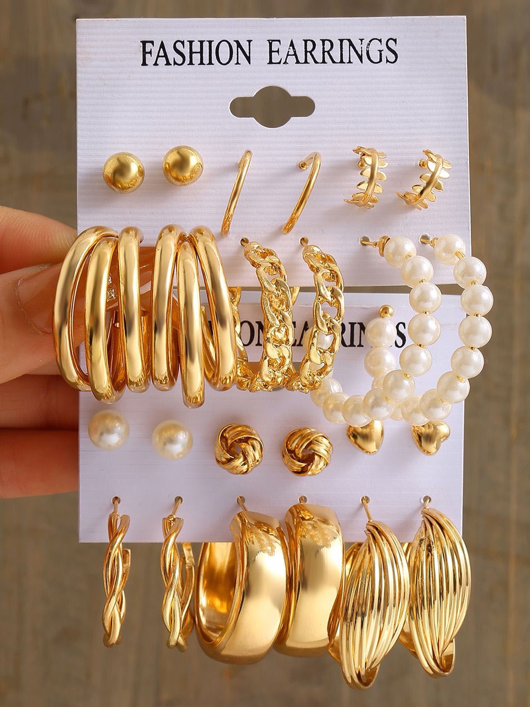 

Shining Diva Fashion Set Of 12 Gold-Plated Pearls Circular Hoop Earrings