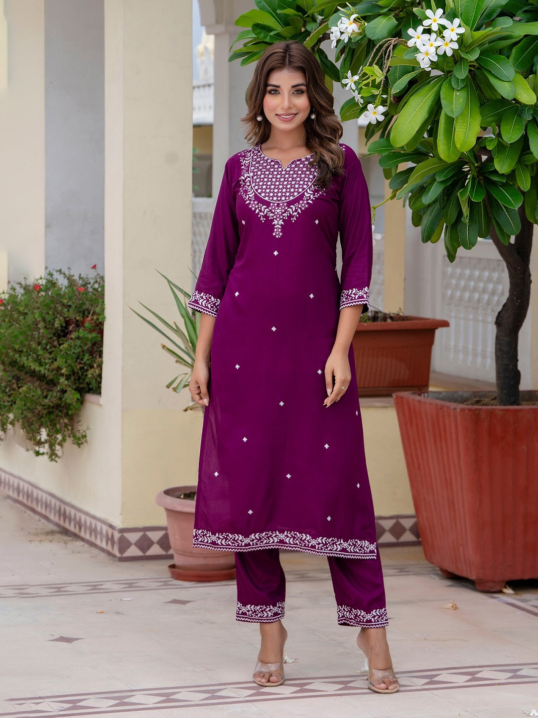 

KALINI Women Floral Embroidered Regular Thread Work Kurta with Trousers, Purple