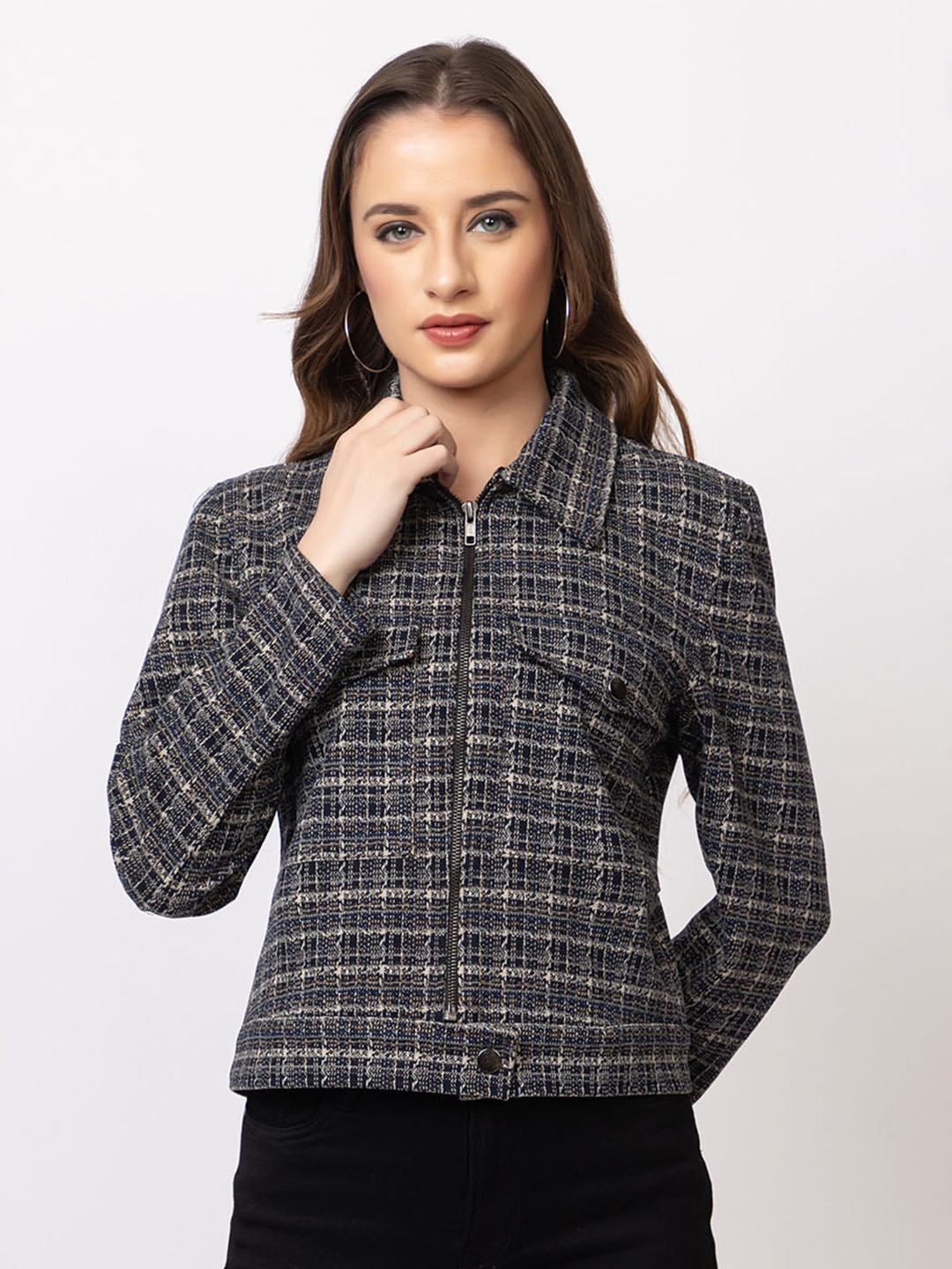 

TWENTY ME Women Checked Woollen Lightweight Crop Outdoor Jacket, Black