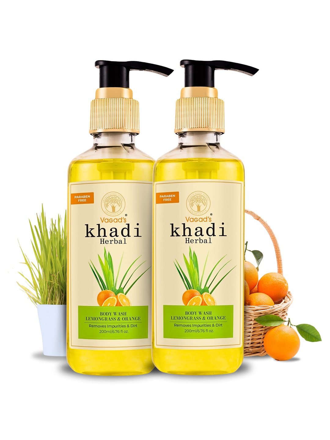 

Vagads Khadi Pack of 2 Herbal Lemongrass & Orange Body Wash - 200 ml, Yellow