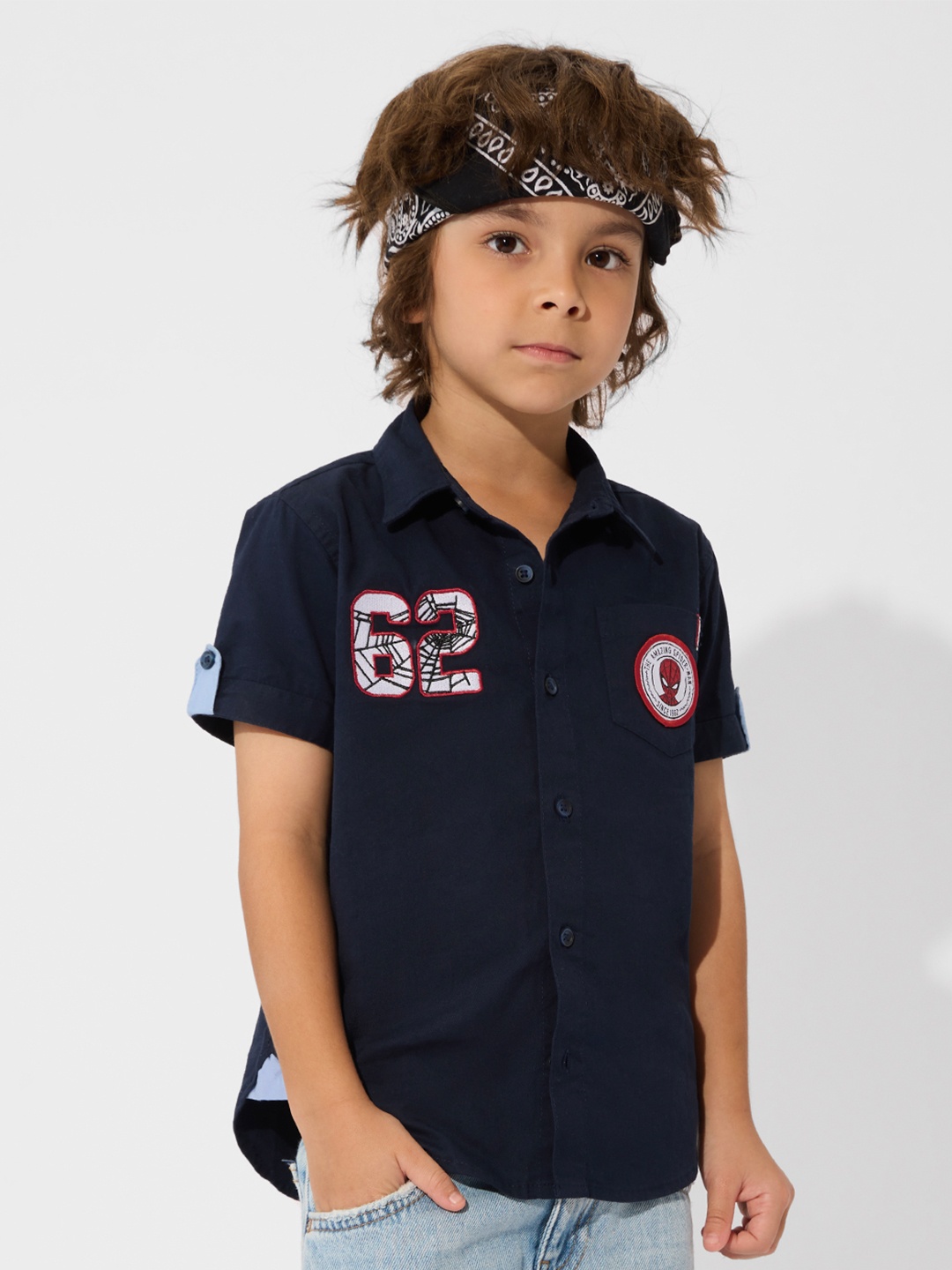 

The Souled Store Boys Spread Collar Graphic Printed Cotton Casual Shirt, Navy blue