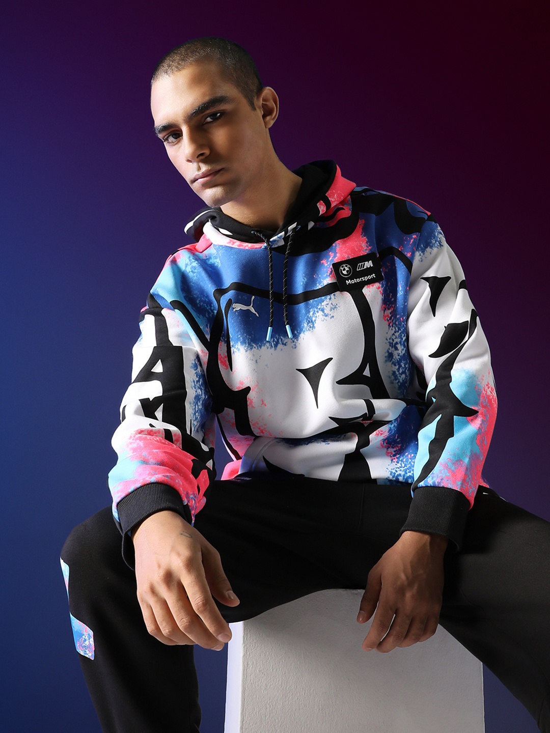 

PUMA Motorsport Men Abstract Printed Relaxed Fit Hooded Cotton Sweatshirt, White