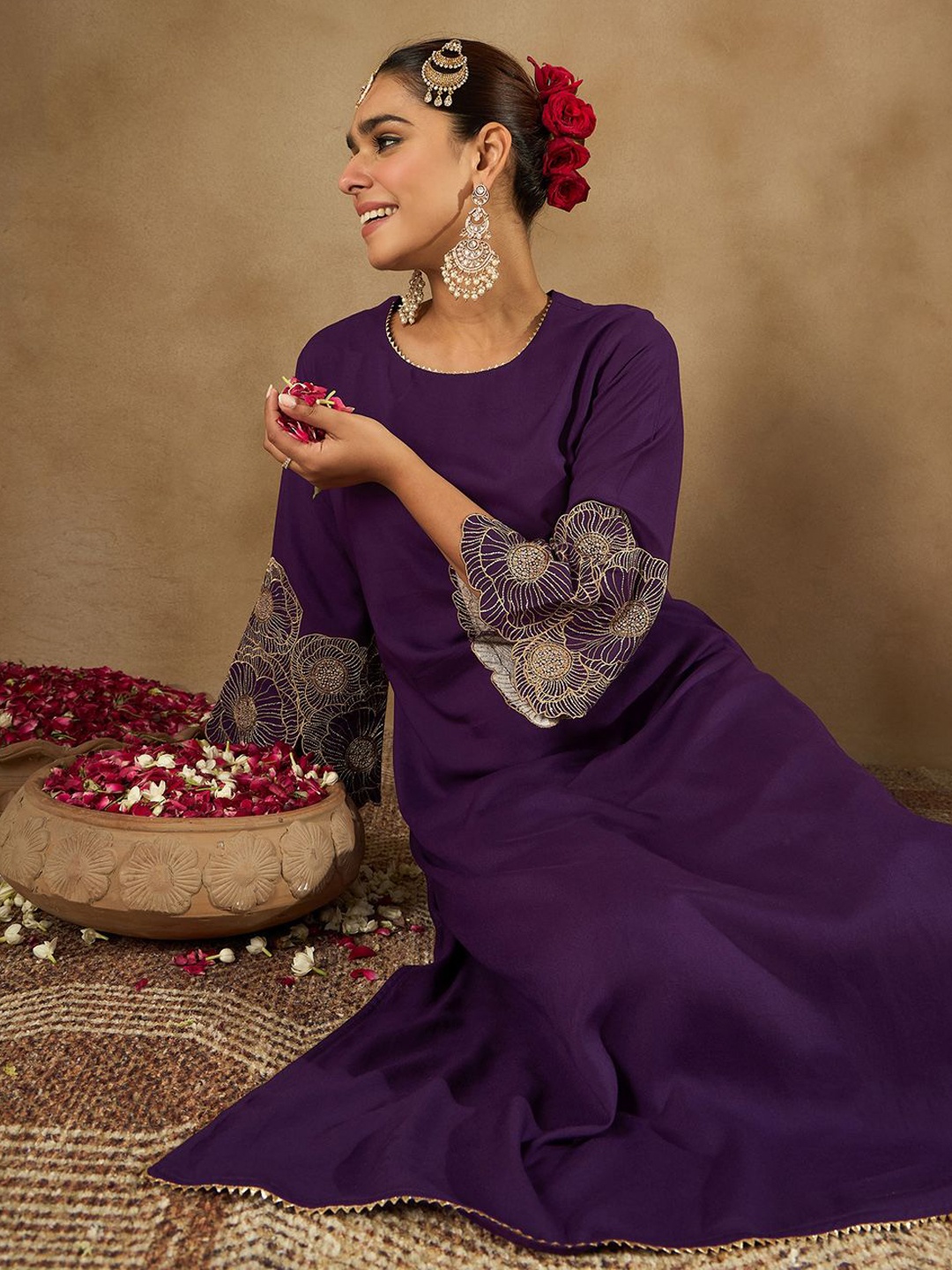 

Indo Era Women Floral Embroidered Regular Kurta with Trousers, Purple