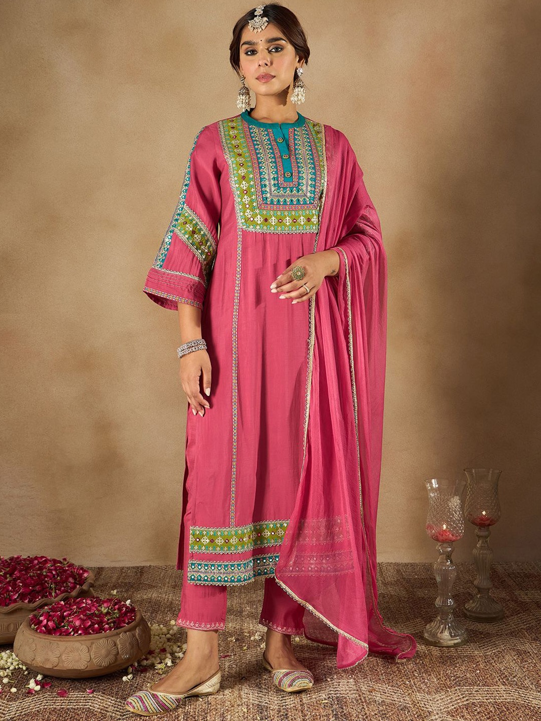 

Indo Era Women Ethnic Motifs Embroidered Regular Kurta with Trousers & Dupatta, Pink