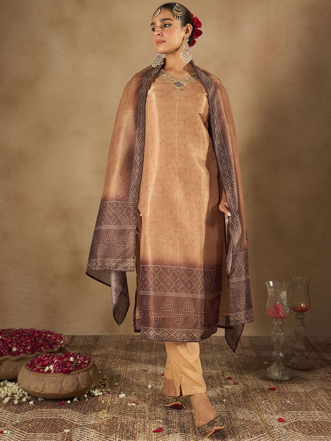 

Indo Era Women Bandhani Embroidered Regular Sequinned Kurta with Trousers & Dupatta, Brown