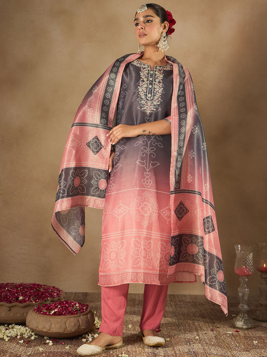 

Indo Era Women Bandhani Embroidered Regular Sequinned Kurta with Trousers & With Dupatta, Grey