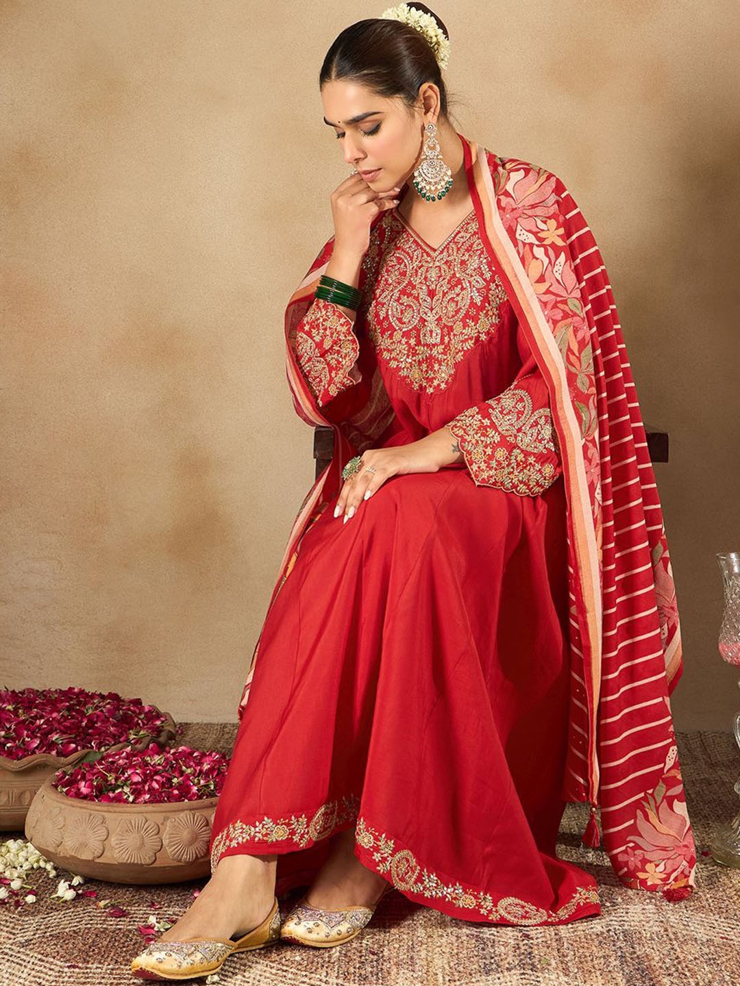 

Indo Era Women Ethnic Motifs Embroidered Empire Kurta with Trousers & Dupatta, Red