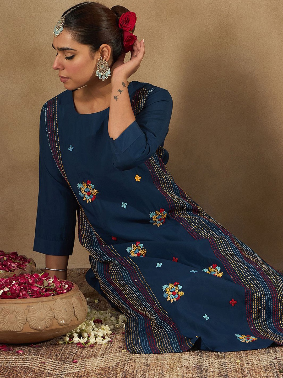 Indo Era Women Floral Embroidered Regular Thread Work Kurta with Trousers, Blue