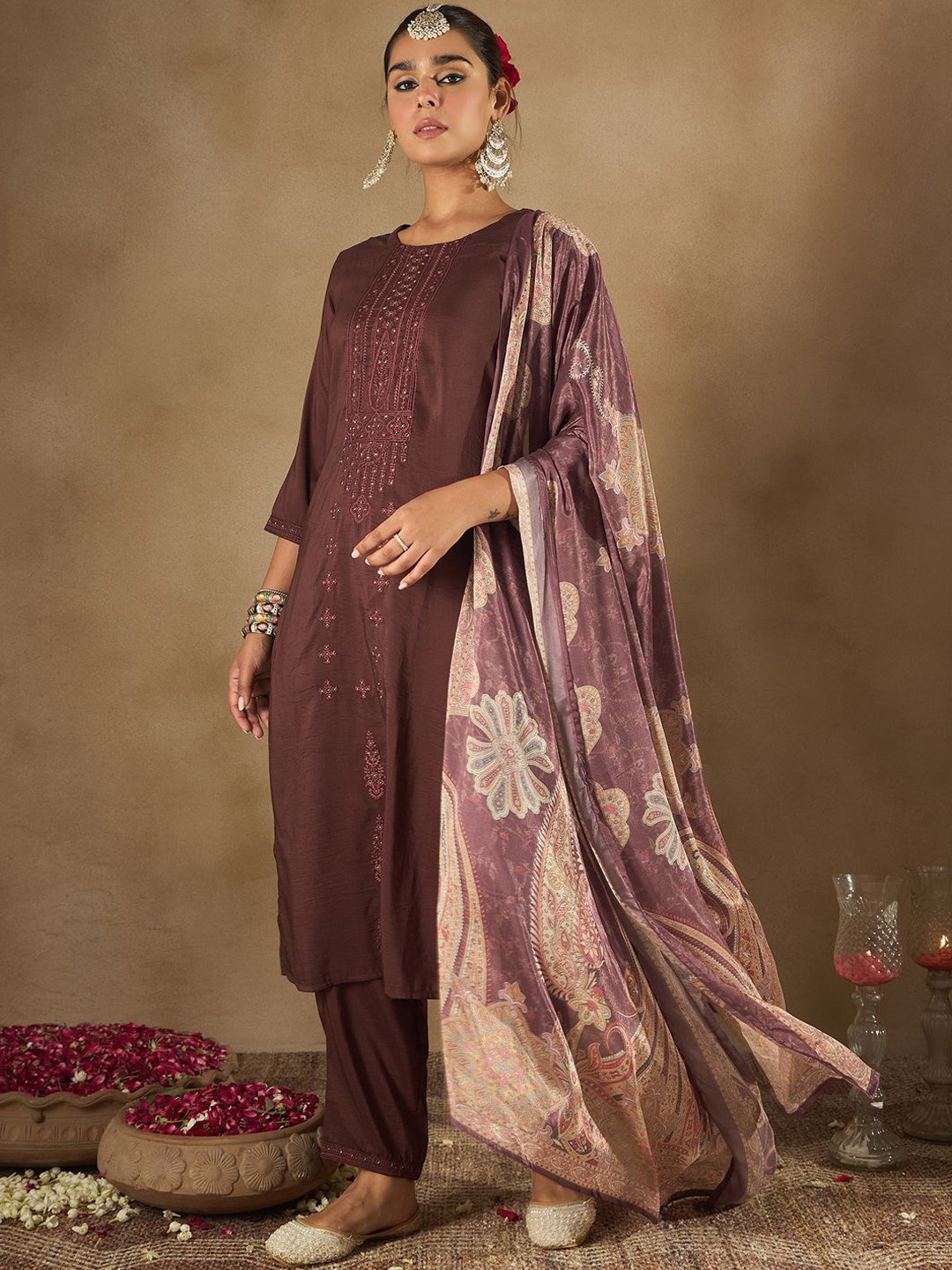 

Indo Era Women Floral Embroidered Regular Thread Work Kurta with Trousers & With Dupatta, Brown
