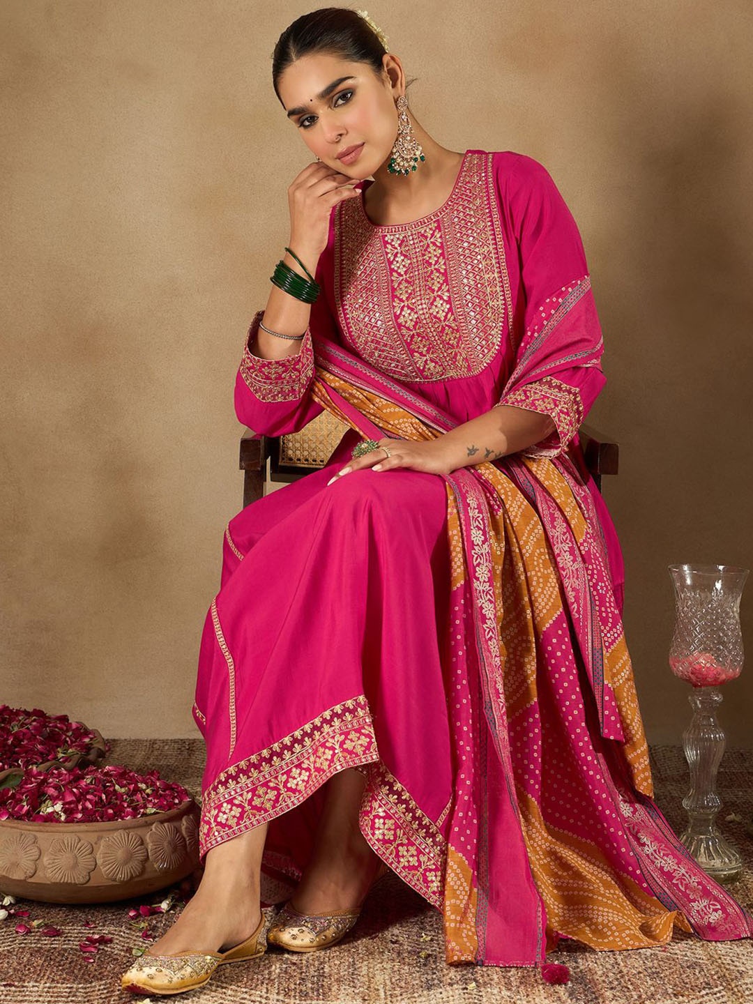 

Indo Era Women Ethnic Motifs Embroidered Empire Kurta with Trousers & Dupatta, Pink