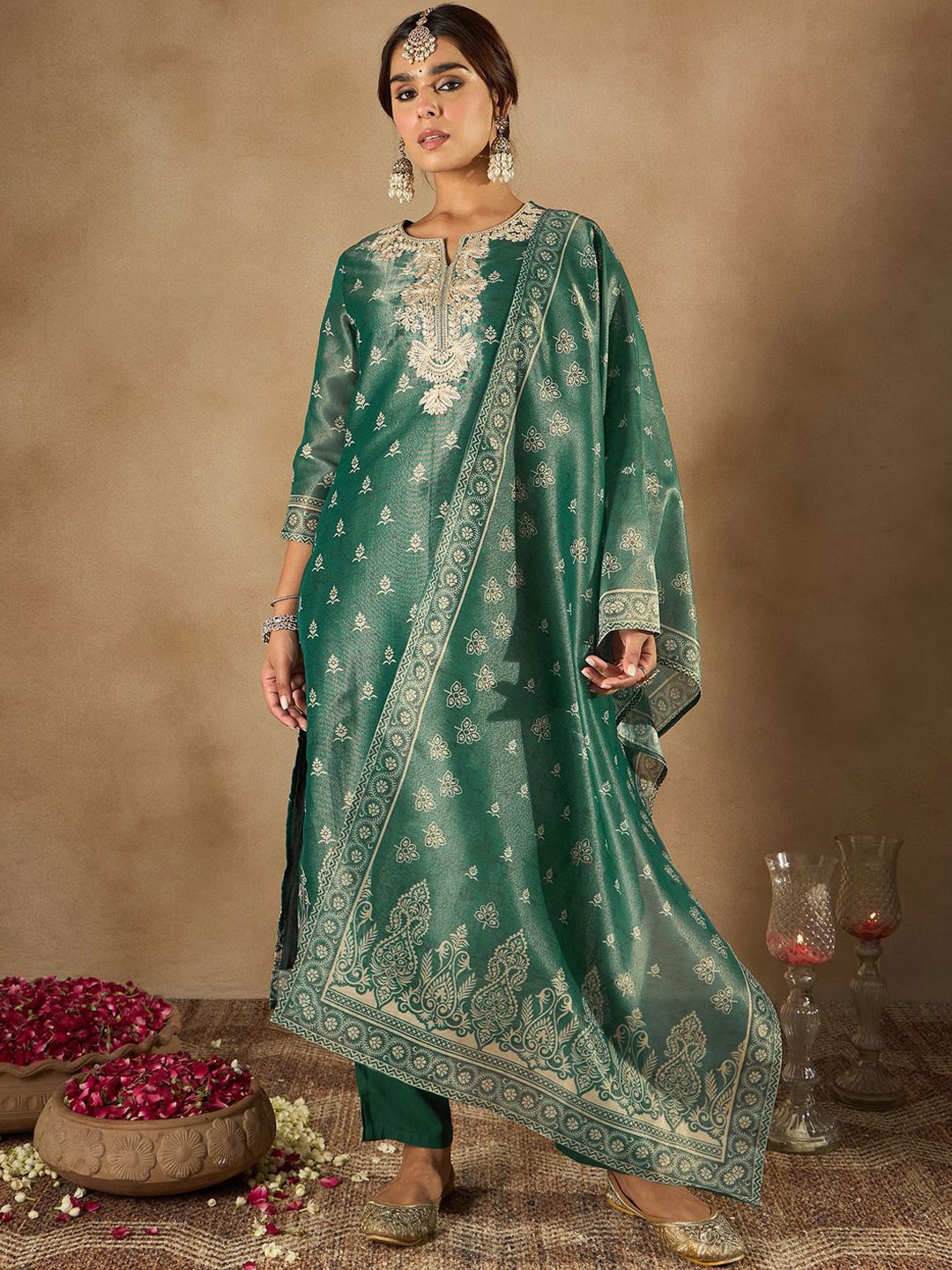 

Indo Era Women Ethnic Motifs Embroidered Regular Kurta with Trousers & With Dupatta, Green