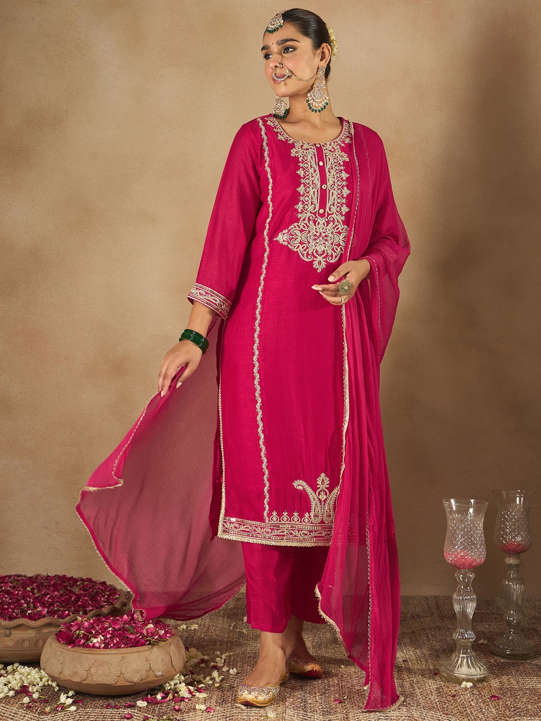 

Indo Era Women Embroidered Regular Kurta with Trousers & With Dupatta, Magenta