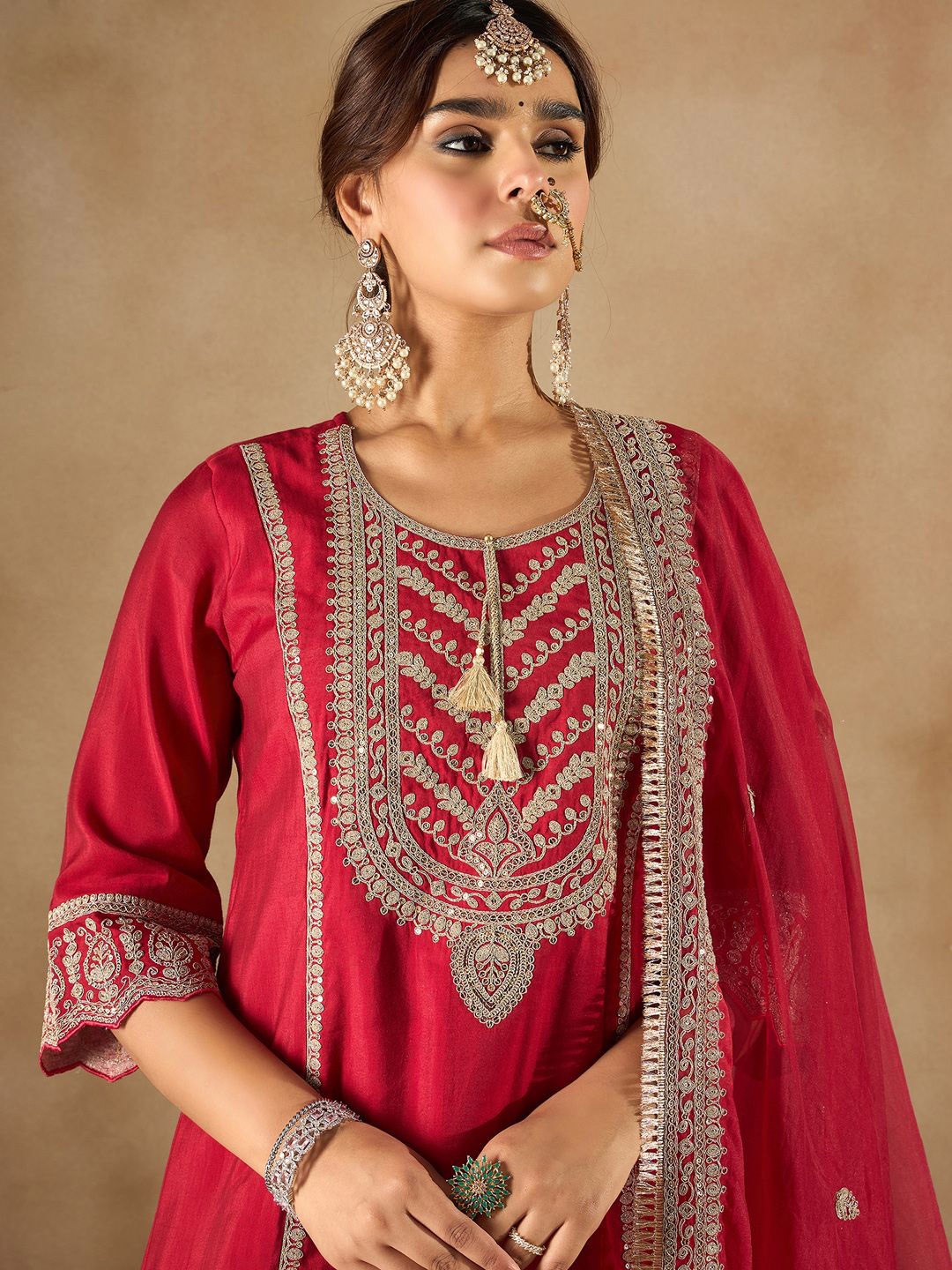 

Indo Era Women Ethnic Motifs Embroidered Panelled Kurta with Trousers & With Dupatta, Maroon