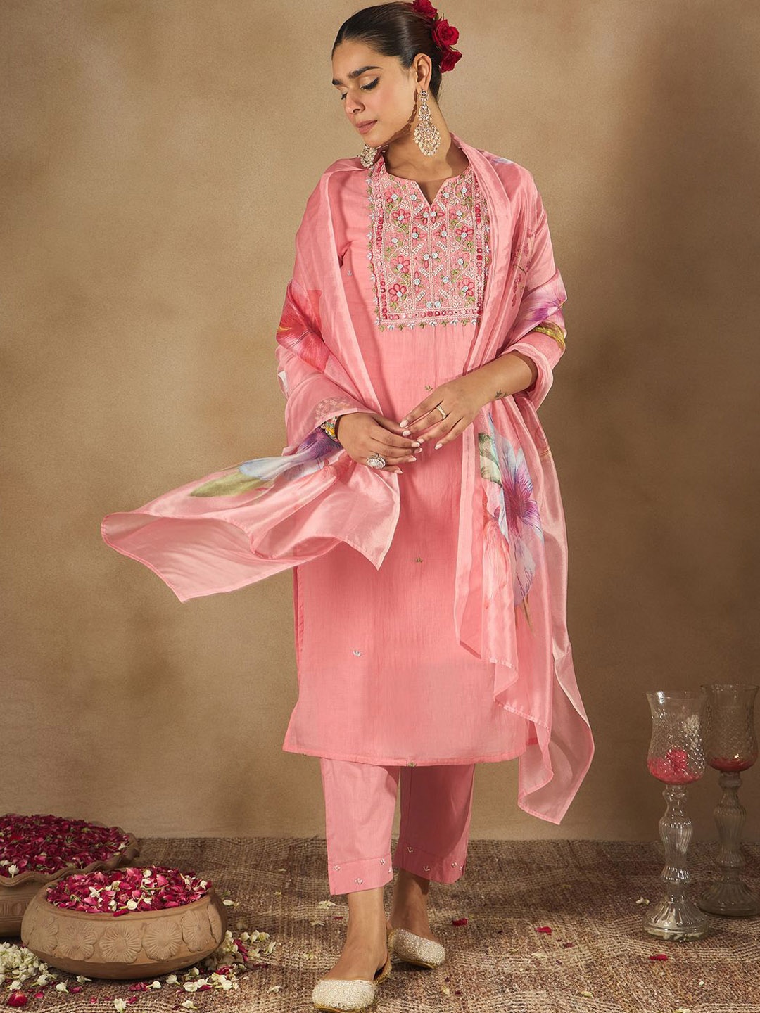 

Indo Era Women Floral Embroidered Thread Work Pure Cotton Kurta with Trousers & Dupatta, Peach