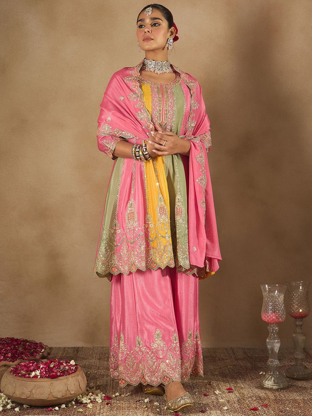 

Indo Era Women Ethnic Motifs Embroidered Panelled Sequinned Kurta with Palazzos & Dupatta, Pink