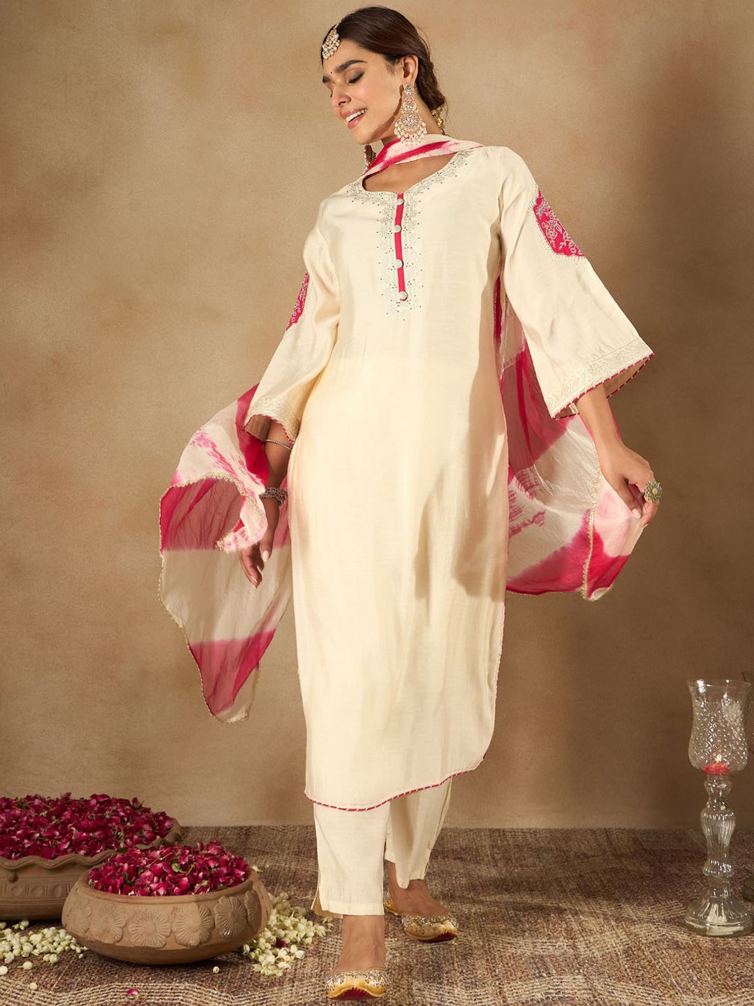 

Indo Era Women Ethnic Motifs Embroidered Regular Kurta with Trousers & With Dupatta, Cream