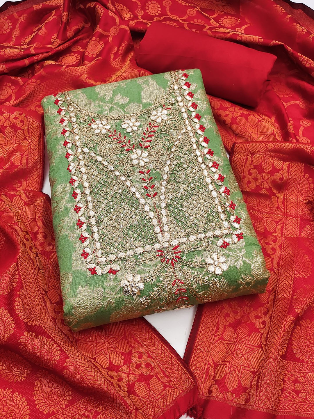 

KALINI Embroidered Unstitched Dress Material, Green