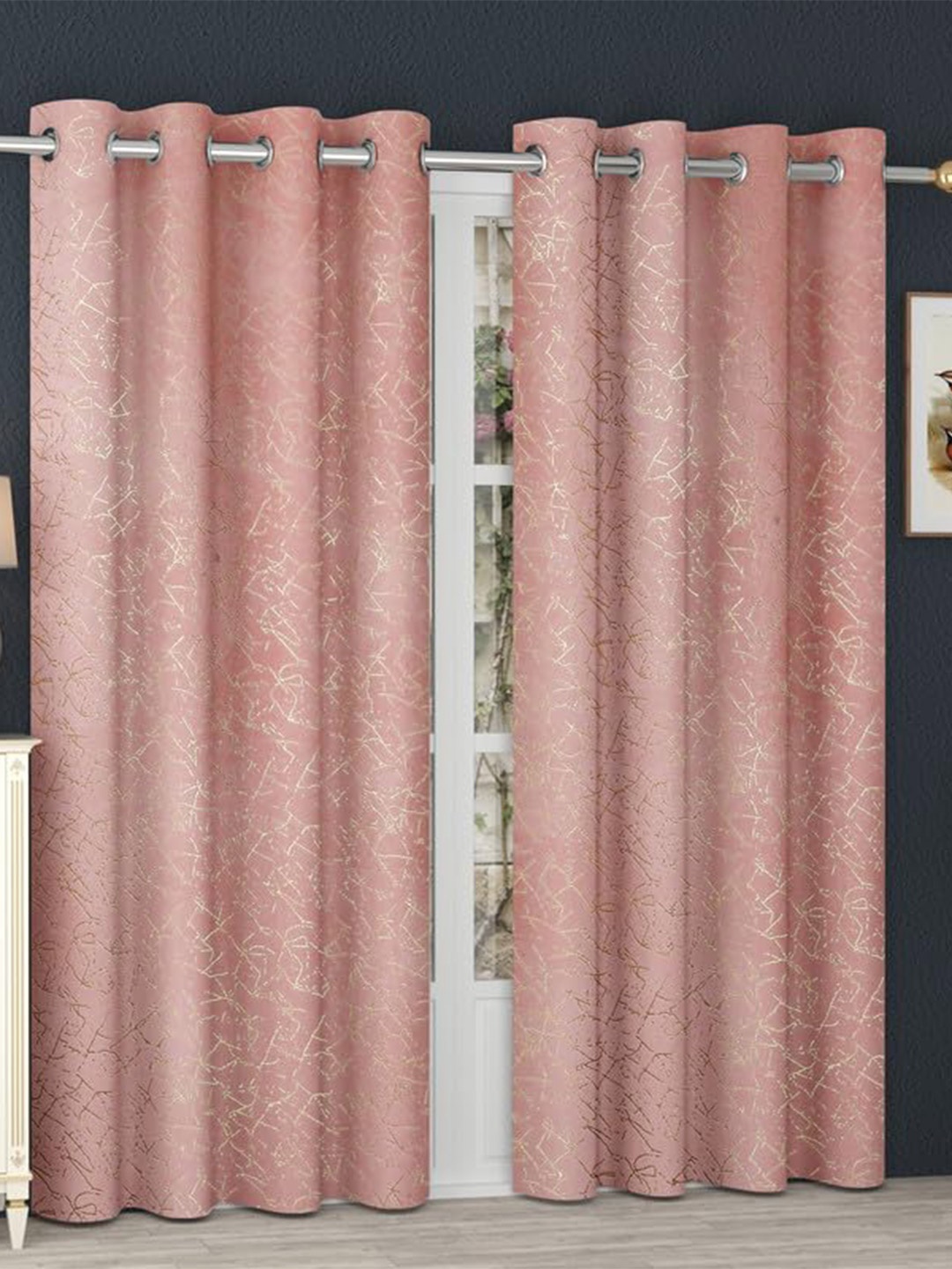 

RIDHAAN Pink & Gold-Toned 2 Pieces Self Design Velvet Black Out Door Curtains