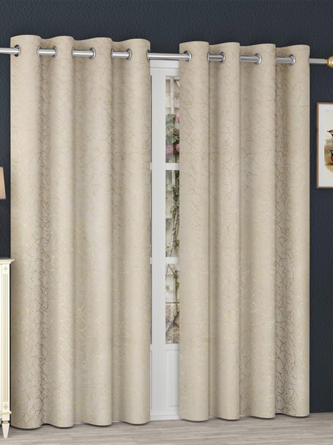 

RIDHAAN Beige & Gold-Toned 2 Pieces Self Design Velvet Black Out Long Door Curtains