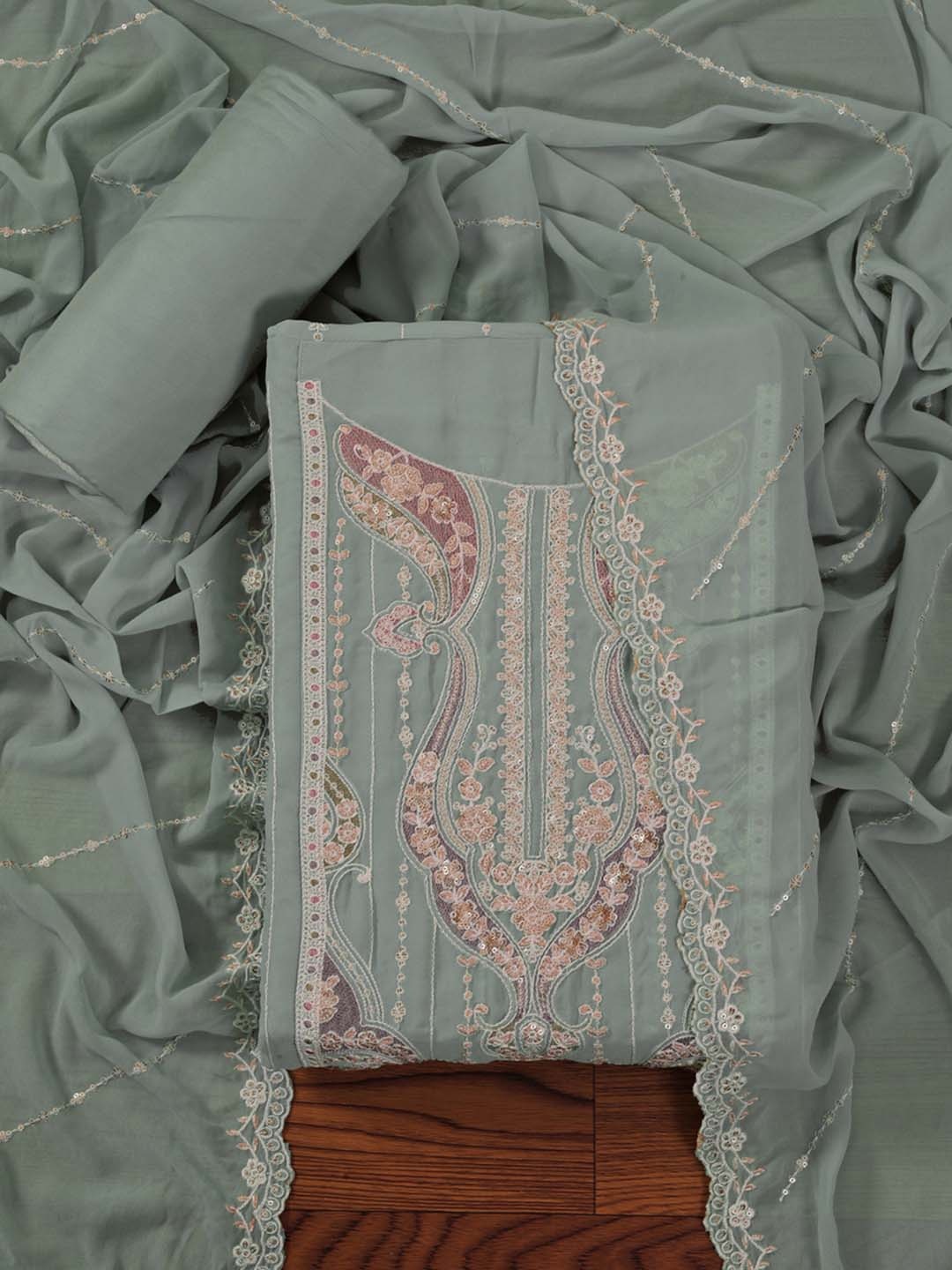 

Jaipur Kurti Sequin Embroidered Poly Georgette Dress Material with Dupatta, Green
