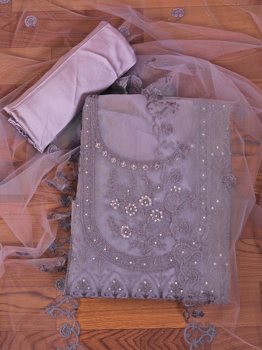 

Jaipur Kurti Heavy Embroidered Net Dress Material with Dupatta, Purple