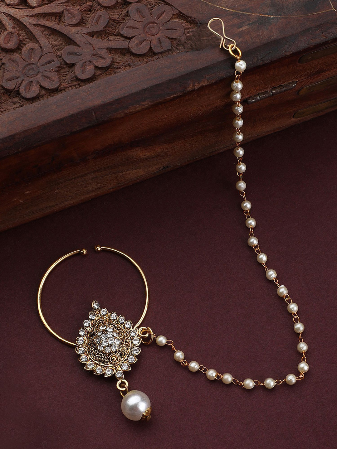 

ANIKAS CREATION Gold-Plated Cubic Zirconia Chained Nosepin