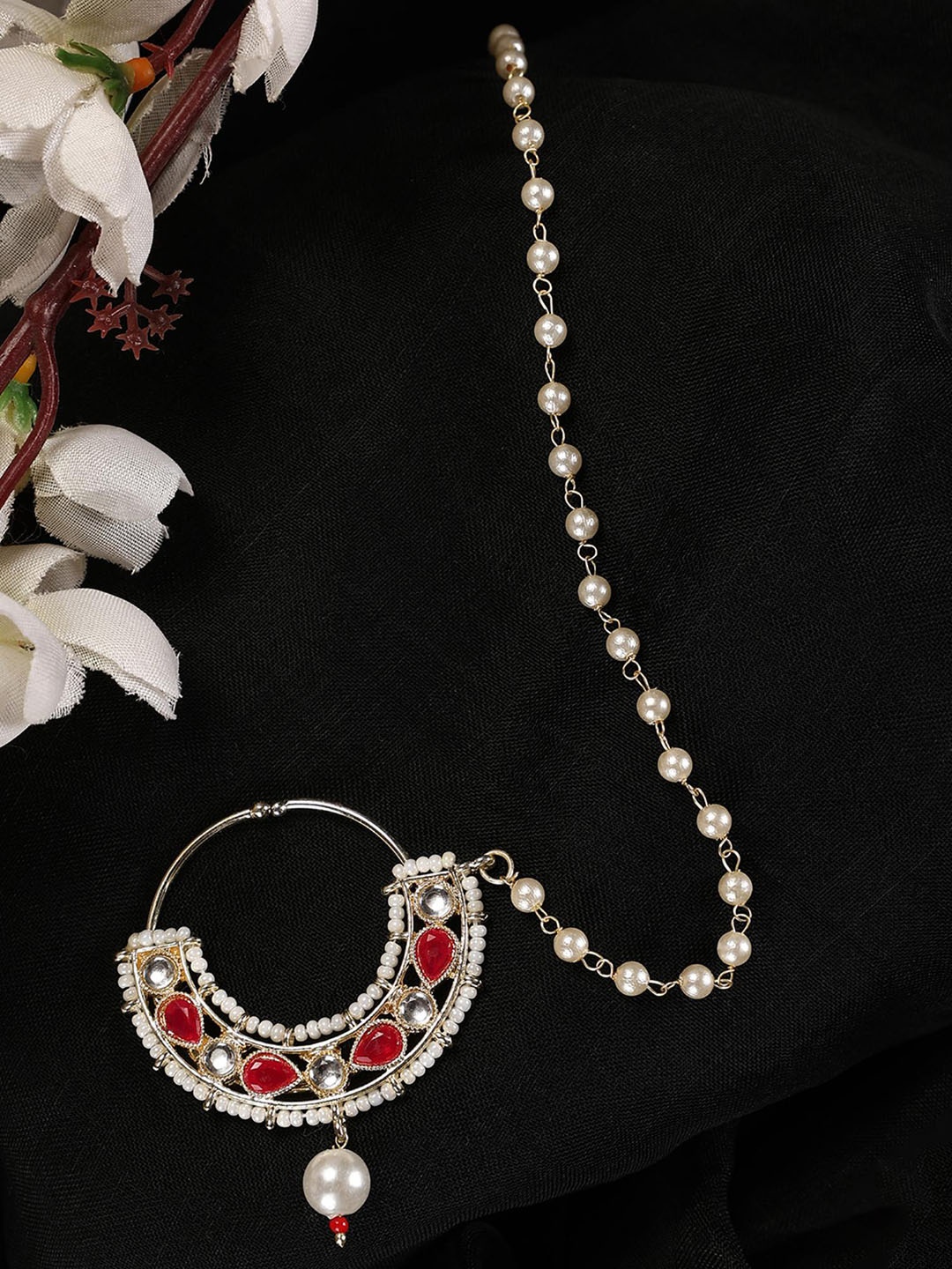 

ANIKAS CREATION Silver-Plated Cubic Zirconia Chained Nosepin