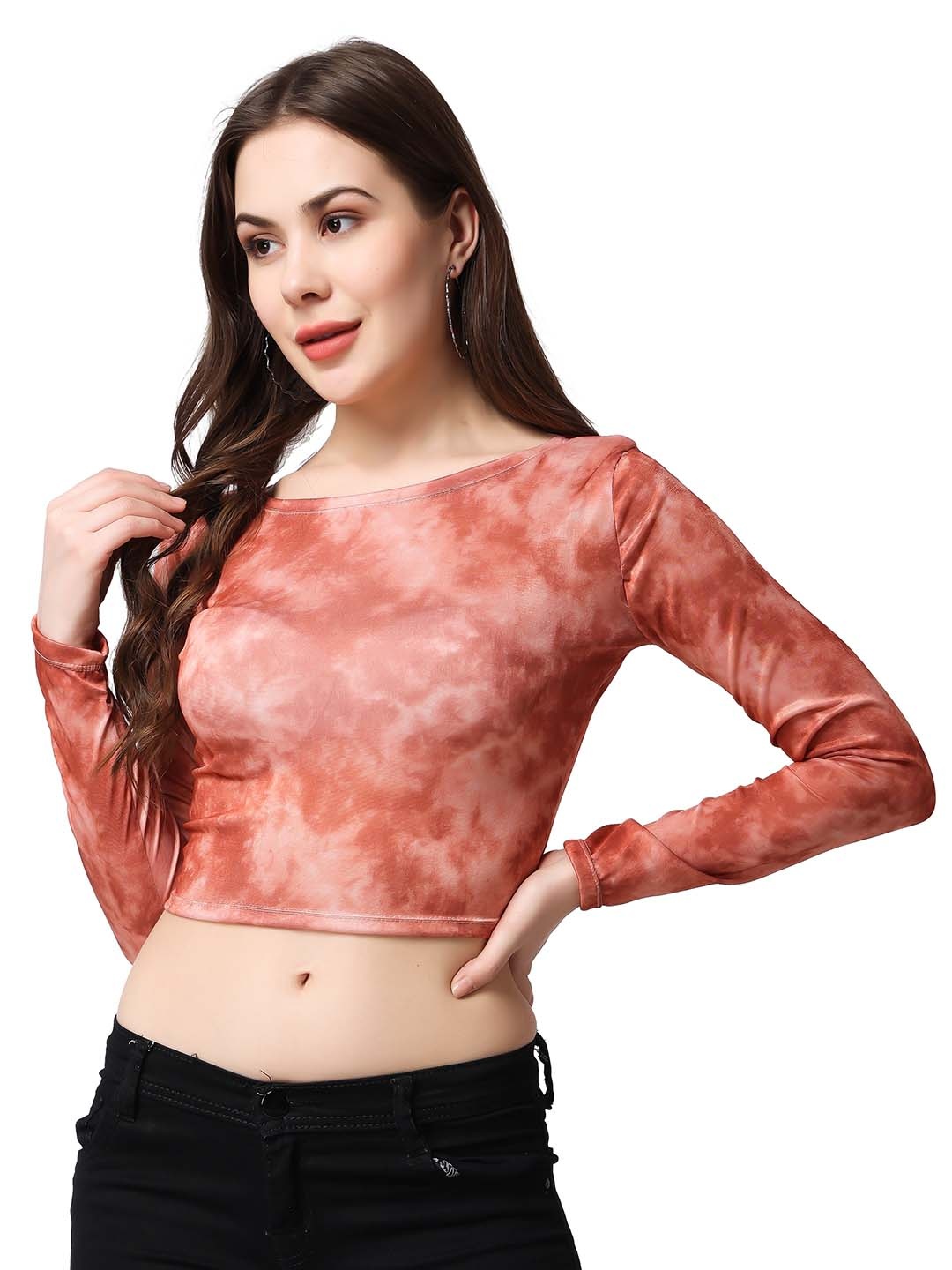 SCORPIUS Women Dyed Round Neck Top, Orange