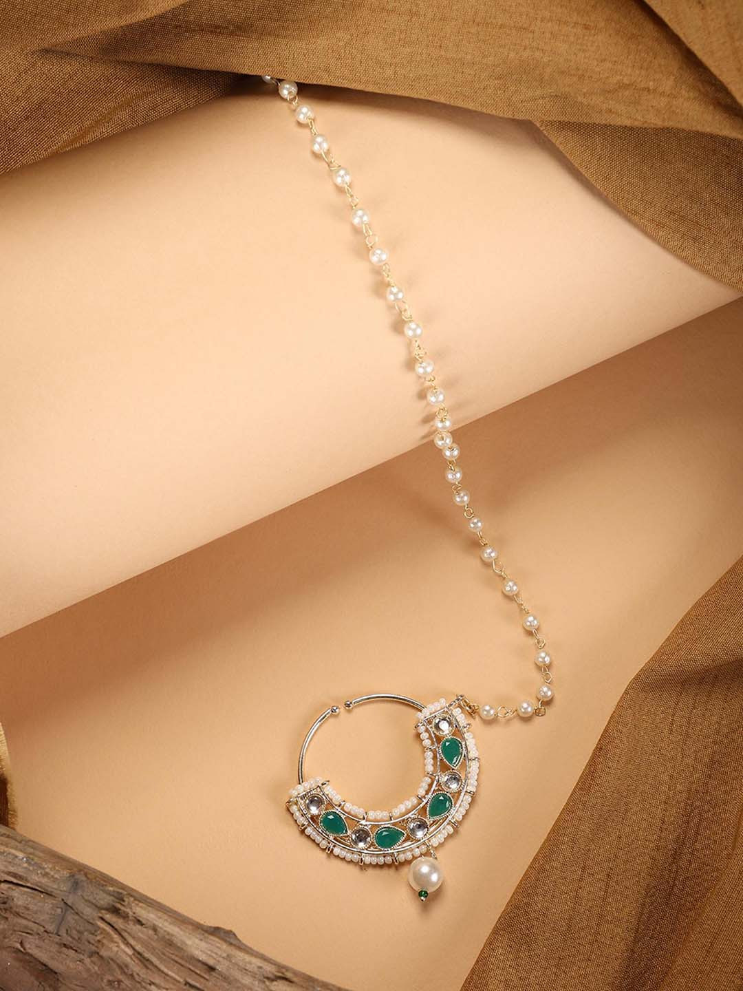 

ANIKAS CREATION Silver-Plated Cubic Zirconia Chained Nosepin