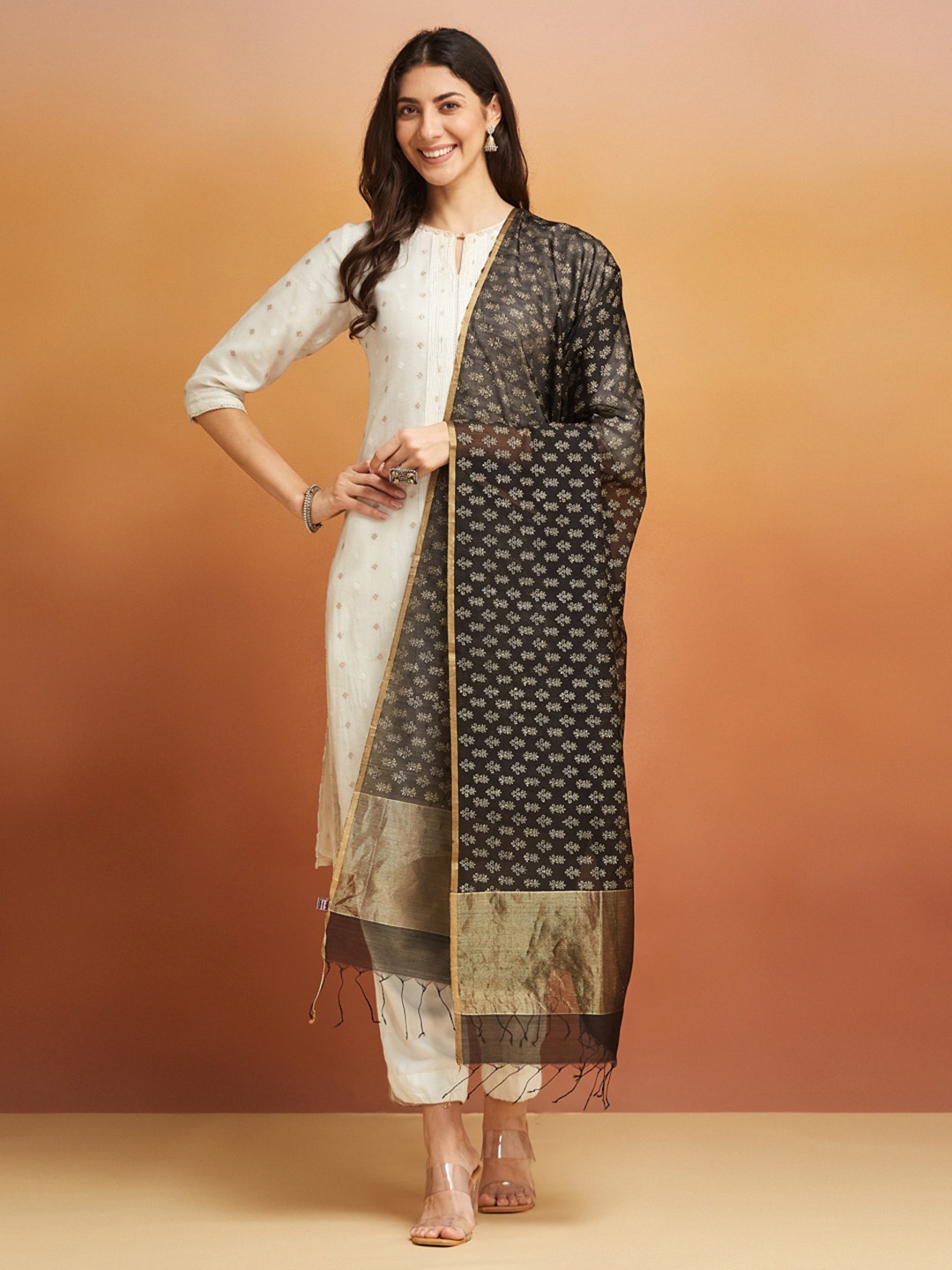 

Fabindia Ethnic Motifs Printed Cotton Silk Dupatta, Black