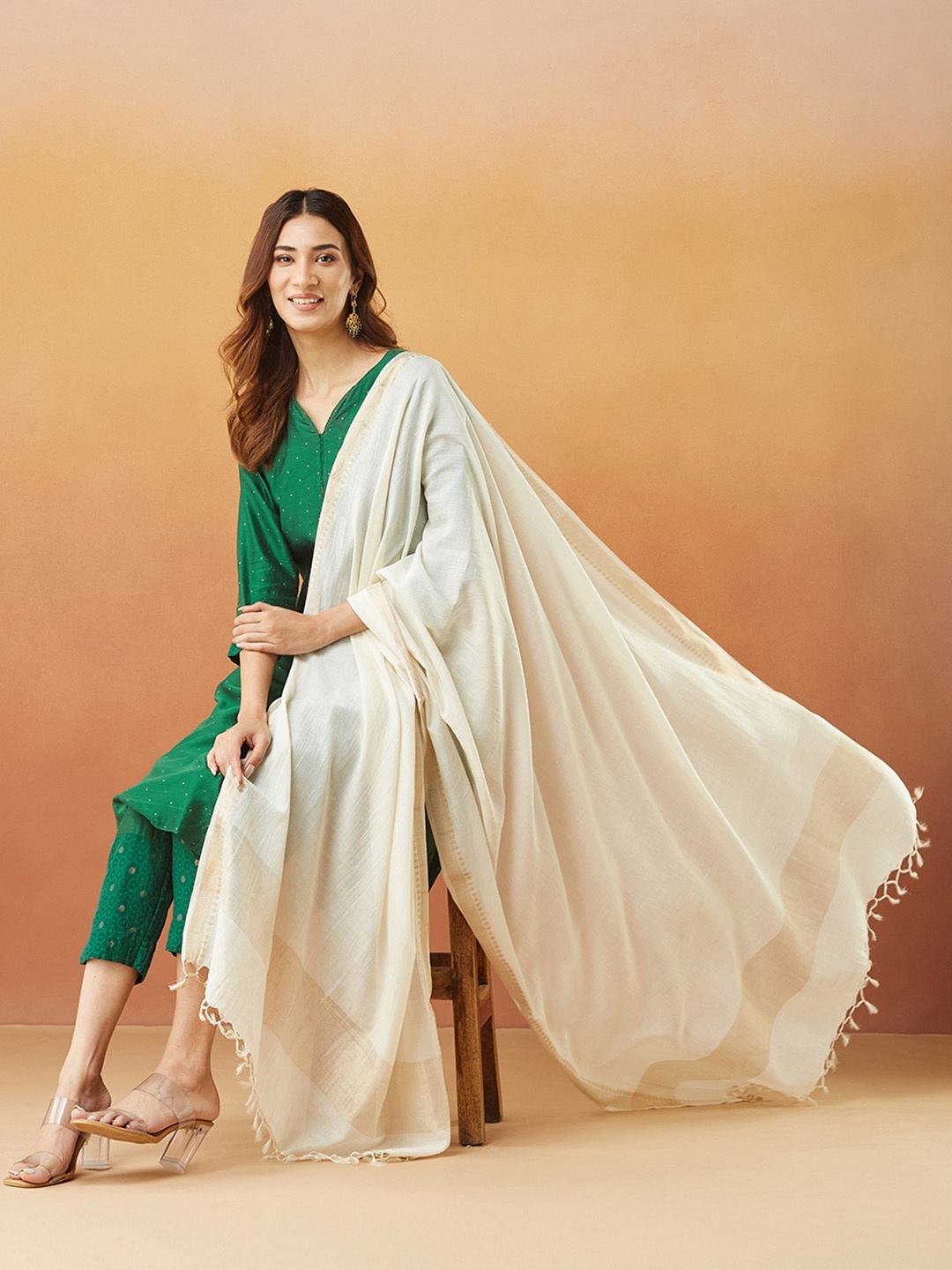 

Fabindia Woven Design Cotton Silk Dupatta, Off white