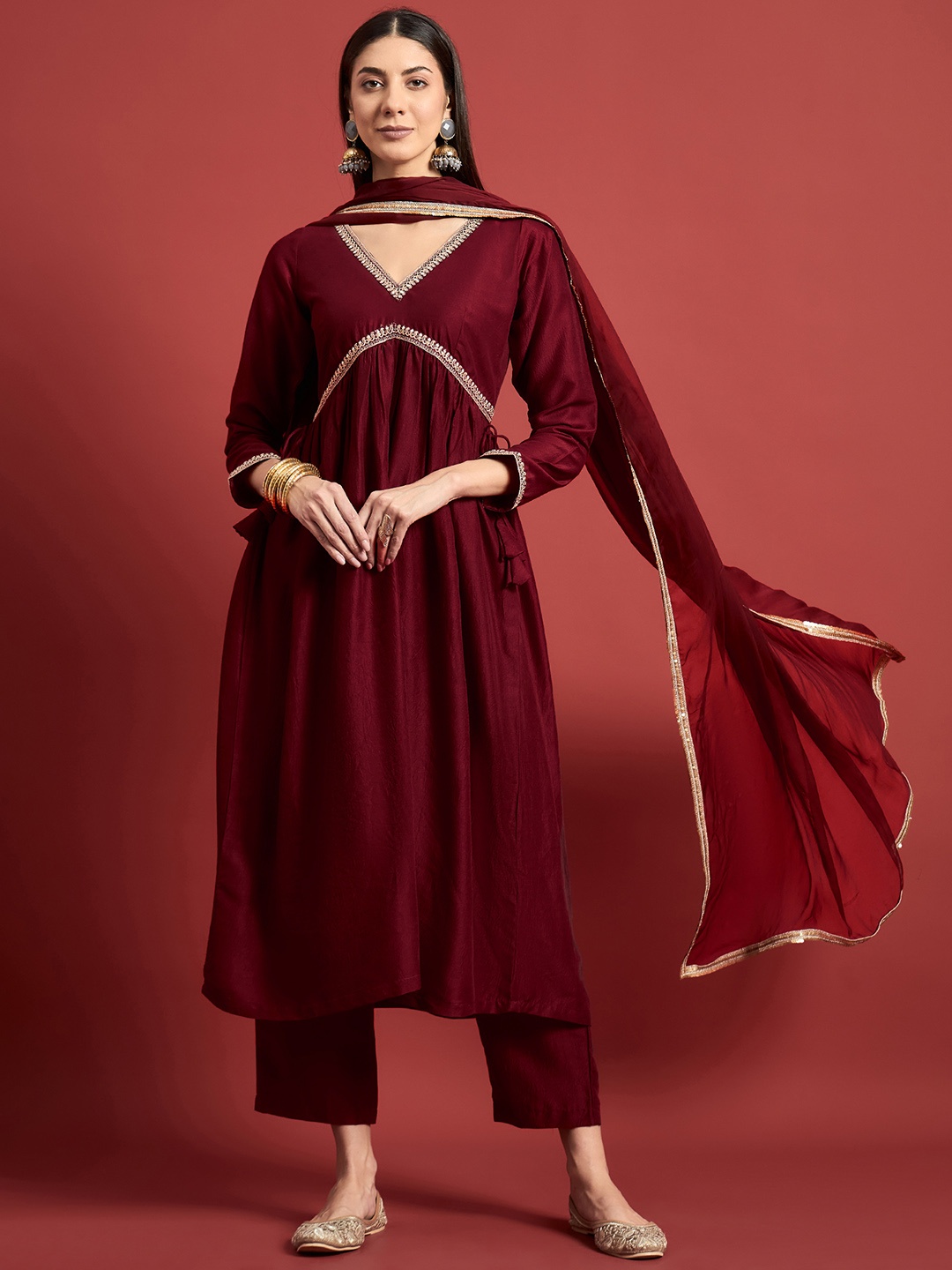 

all about you Women Embroidered Empire Kurta with Trousers & With Dupatta, Maroon