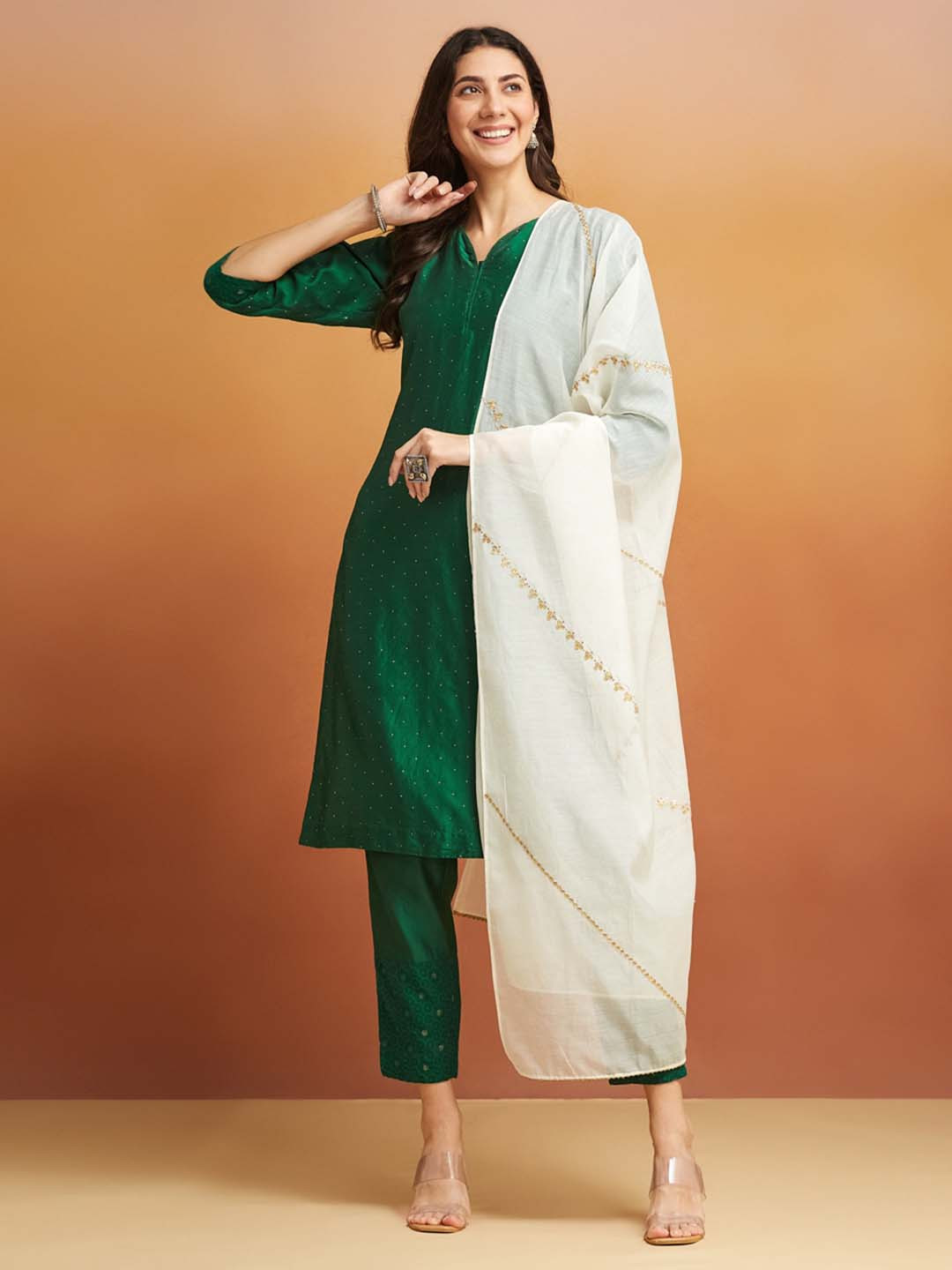 

Fabindia Ethnic Motifs Embroidered Cotton Silk Dupatta with Sequinned, Off white