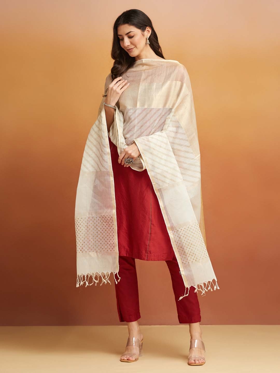 

Fabindia Ethnic Motifs Woven Design Cotton Silk Dupatta with Zari, Beige