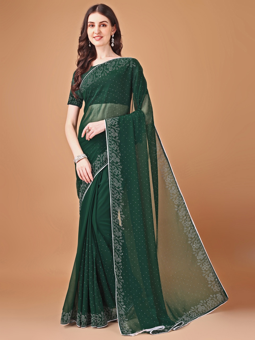 

SM TRENDZ Embellished Beads and Stones Pure Georgette Saree, Green