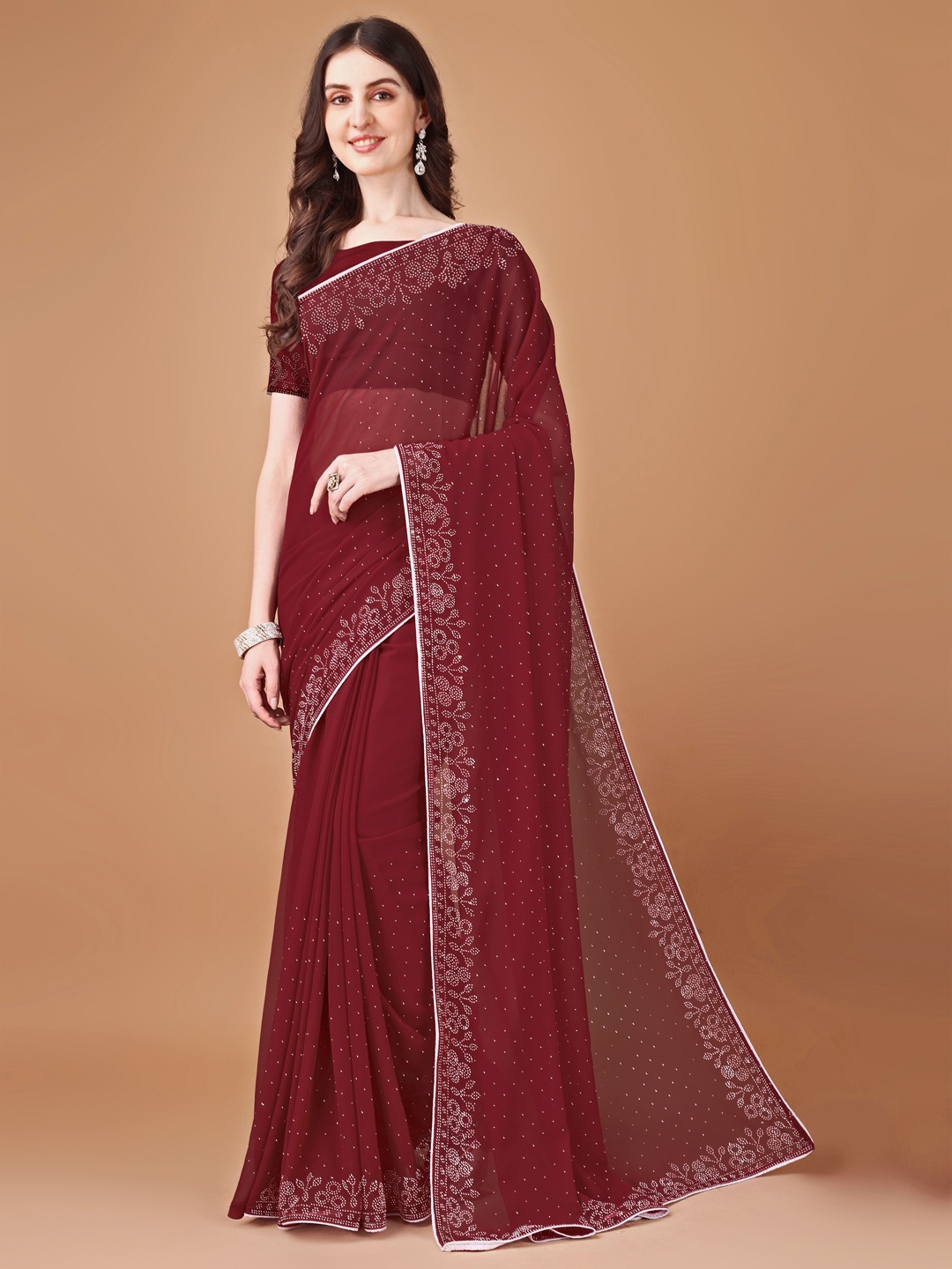 

SM TRENDZ Embellished Beads and Stones Pure Georgette Banarasi Saree, Maroon
