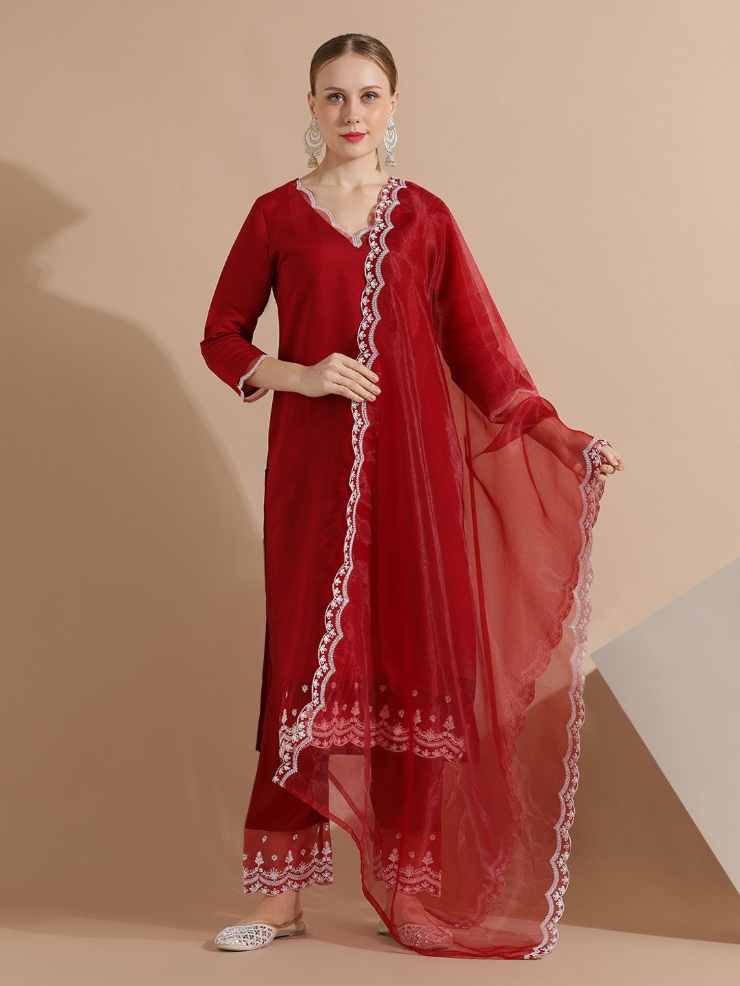 

Jaipur Kurti Festive Embroidered Kurta Set With Dupatta, Red